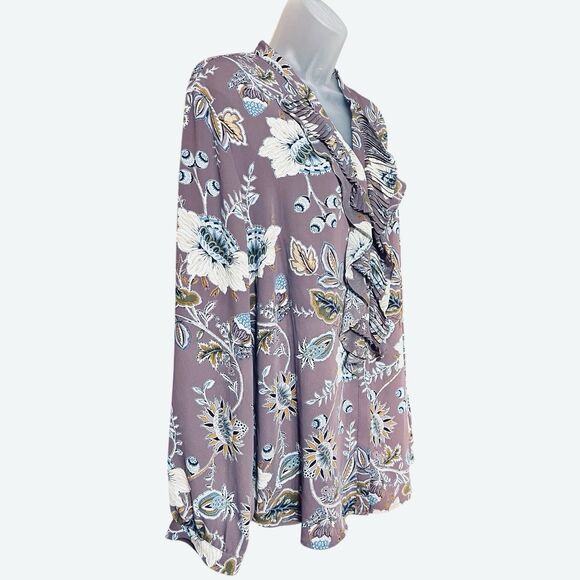 Chico's Floral Ruffled V-Neck Button Down Blouse Long Sleeves Sz XL Cottagecore - Picture 8 of 9